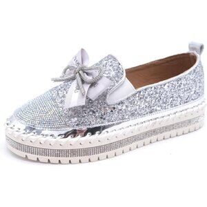 Women's Silver Rhinestone Slip On Walking Bowknot Glitter Bling Sneakers Shoes